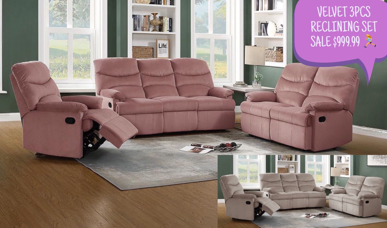 Reclining Velvet sofa,Loveseat & Recliner SALE $999.99