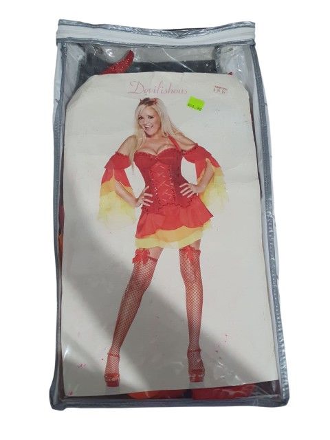 PLAYBOY Sexy Devil Adult Woman's Halloween Costume. Size Large. *Dress *Headband *Fishnet Tights *Mini Devil Tridet.