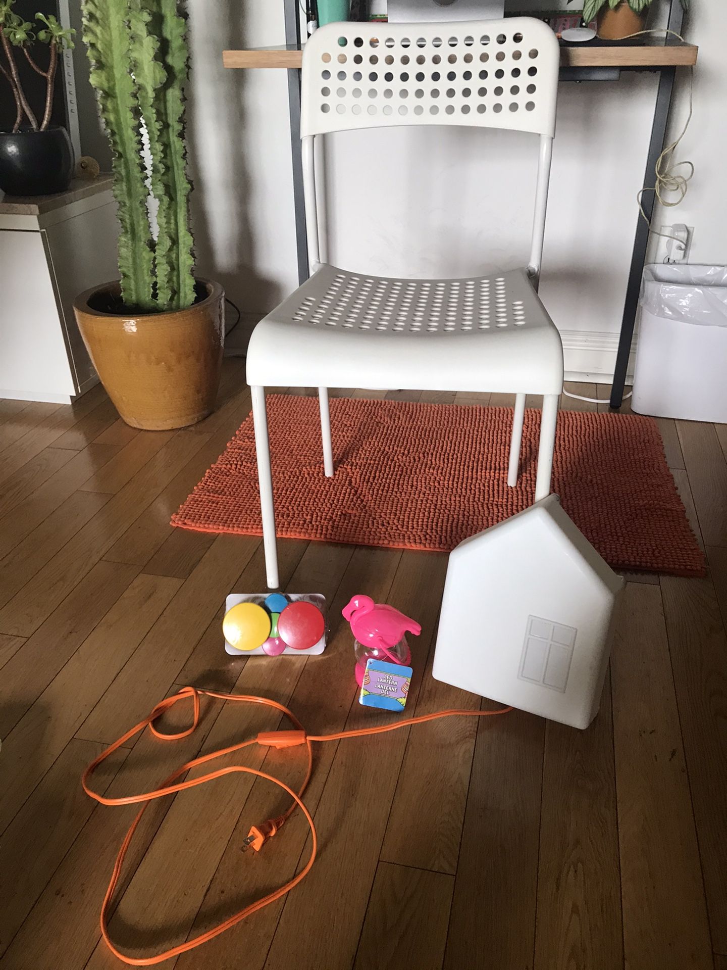 Kids Desk chair , lamp , knobs to hang jackets and fun flamingo lantern