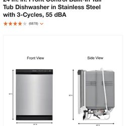 Frigidaire 24” Front Control Built Tall Tub 55, Dishwasher In Stainless Steel With 3-Cycles