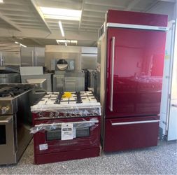 36” Fisher & Paykel Range and KitchenAid Refrigerator Set in Red/Burgundy Custom