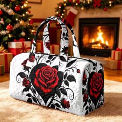 🌹 New! Quilted Rich Black & Red Rose Heart Large Weekender Duffel Tote Bag