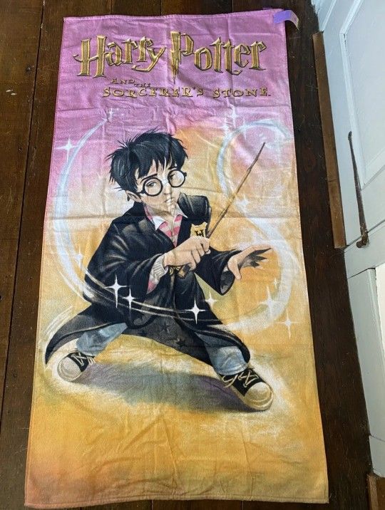 Vintage 2000 Harry Potter Beach Bath Towel Sorcerer’s Stone Harry With Wand