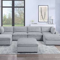 Light Gray Corduroy Sectional Sofa With Ottoman