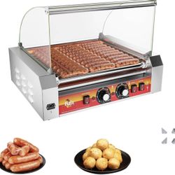 1670w Commercial Hot Dog Roller Grill - 11 Non-stick Rollers (30 Hot Dogs Capacity) Stainless Steel Sausage Cooker with Glass Cover, Dual Temperature 