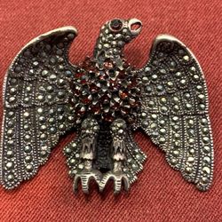 Stunning Vintage Eagle 925 Silver Brooch Pin Marcasite & Tourmaline Gemstones