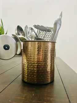 Kitchen Utensil Starter Bundle – Stainless Steel Tools + Copper-Look Utensil Holder