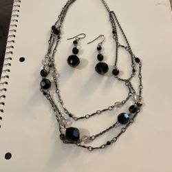 Black And Silver Necklace With Black Stones And Some Clear Ones And Earrings To Match