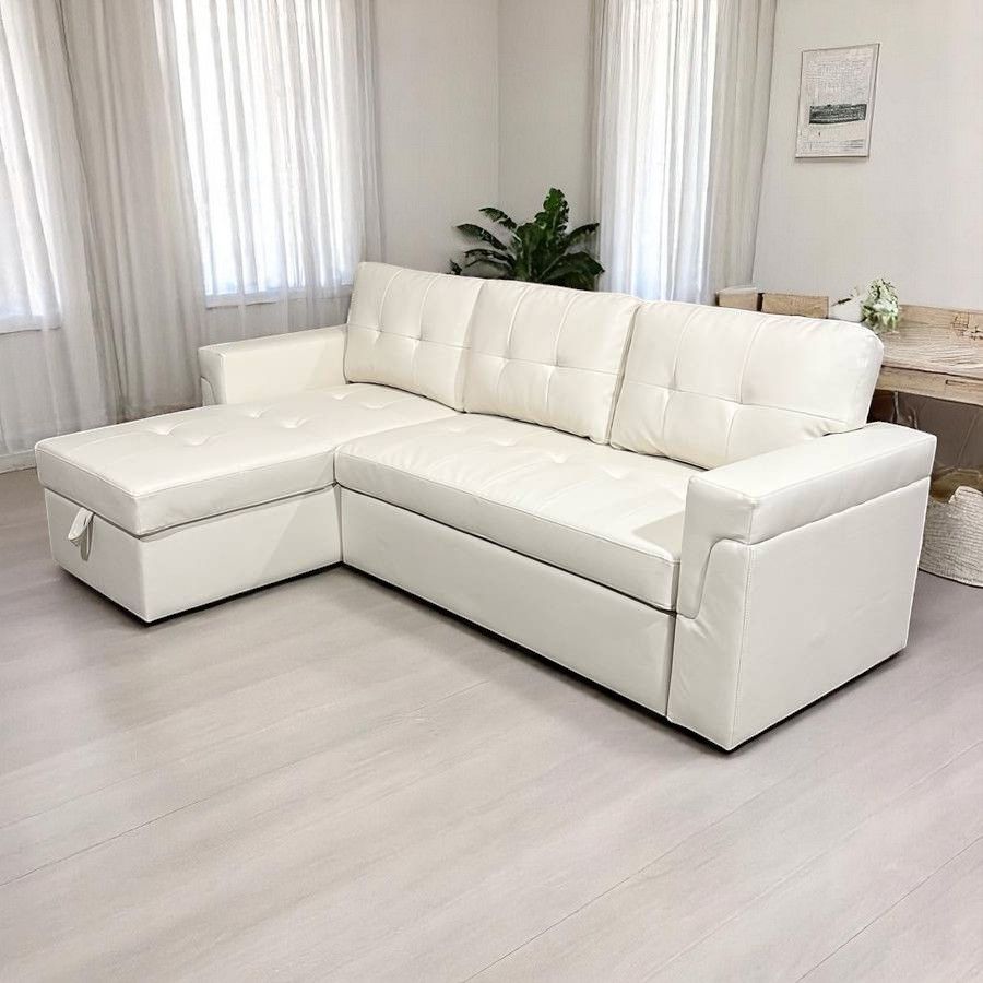 White Reversible Sectional Sofa with Bed Pullout & Storage
