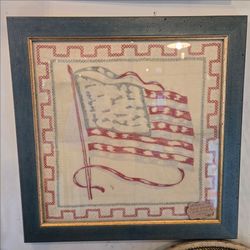 Antique Patriotic Framed Embroidery American Flag