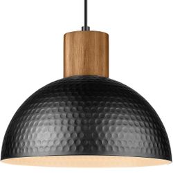 Industrial Pendant Light, Rubber Wood Dome Hanging Lamp