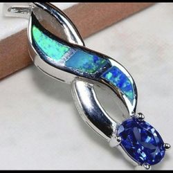 NEW Blue Sapphire & Australian Opal Solid SS Pendant 