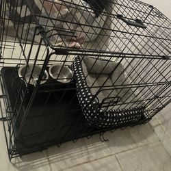 Small Dog Cage, Food Bowls, And Bed 