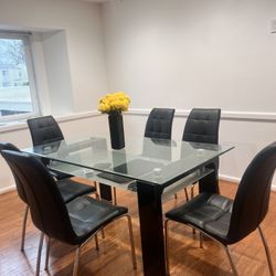 Modern Glass Faux Leather Italian-Style Dining Table and Chairs 