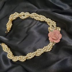 1928 choker necklace twisted faux pearls pink rose Victorian revival vintage wedding necklace