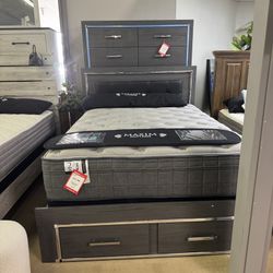 Gray Queen Bed w/ LED & 2 Storage FB Drawers, Dresser, Mirror, and Nightstand