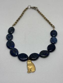 Vintage Lapis Lazuli Necklace with Gold-Tone Cat Pendant