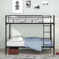 Bed Twin Over Twin, Twin Bunk Beds for Kids/Teens/Adults, Flat Ladder and High Guardrail, Metal Bunk Bed with Stairs, Black