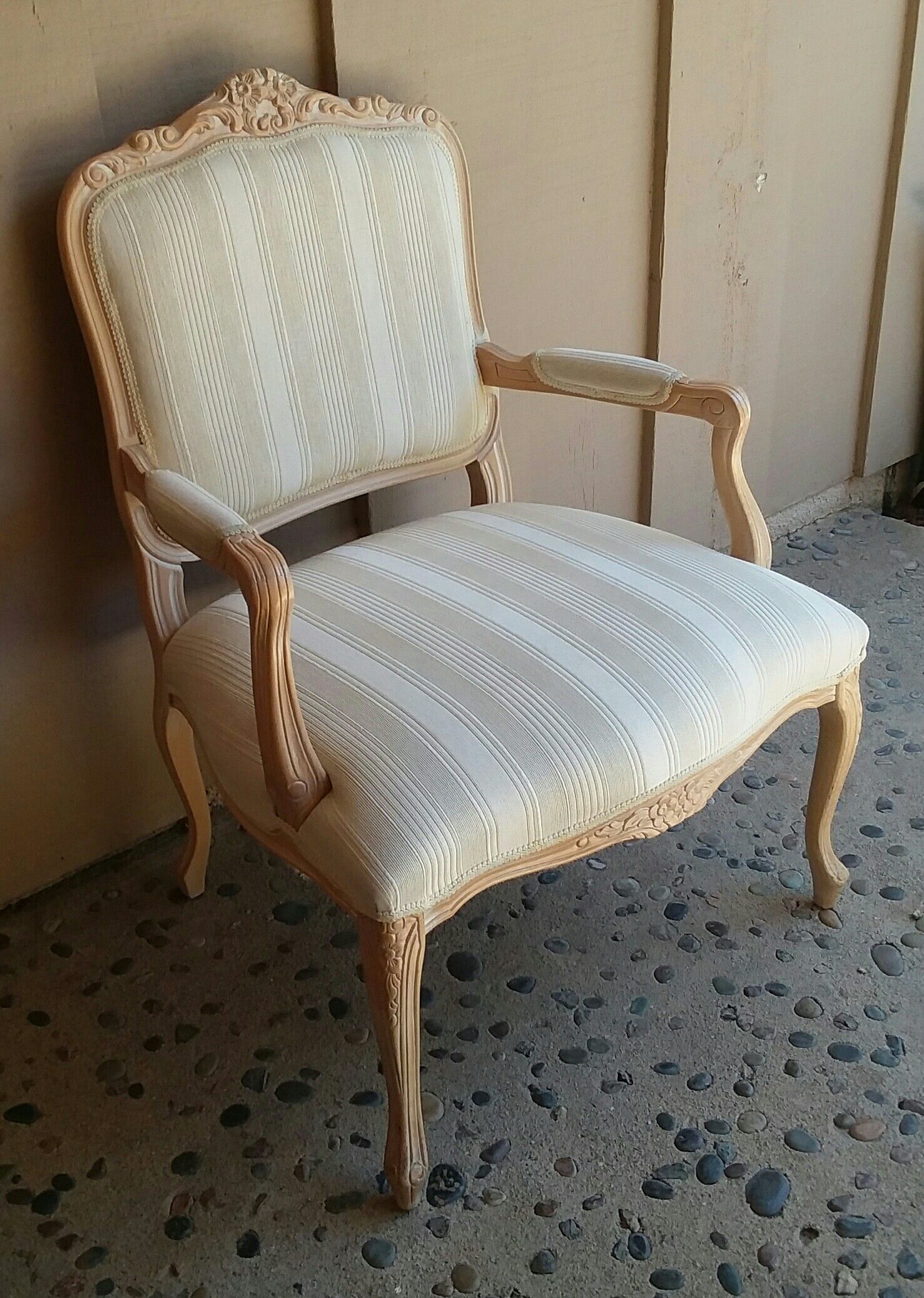 French country white washed upholstered arm side chair