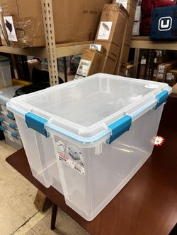 80 Quart Gasket Box, Weather-Resistant Large Clear Storage Bin with Latch Lid, Blue, New 