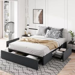 Dark Grey Queen Flat Bed Frame W/ 3 Drawers 