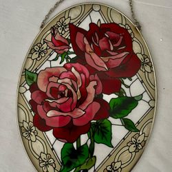 Oval Shape Red and Pink Roses Stain Glass Hand Painted Suncatcher.