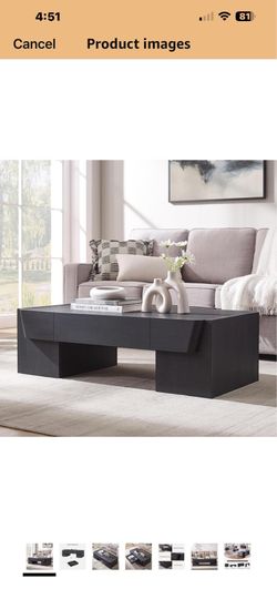 JXQTLINGMU 47" Modern Coffee Table with Storage, Wood Large Coffee Table with Drawer, Rectangle Center Table for Living Room, Black 46