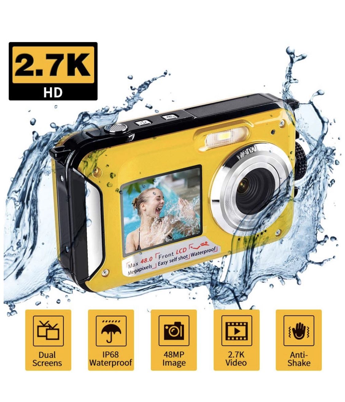 Underwater Waterproof Digital Camera for Snorkeling FHD 2.7K 48MP Selfie Dual Screen Video Camcorder Point & Shoot Digital Camera