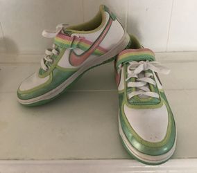 Retro Nikes green white yellow with pink check sign! Ladies size 7.5 youth size 5
