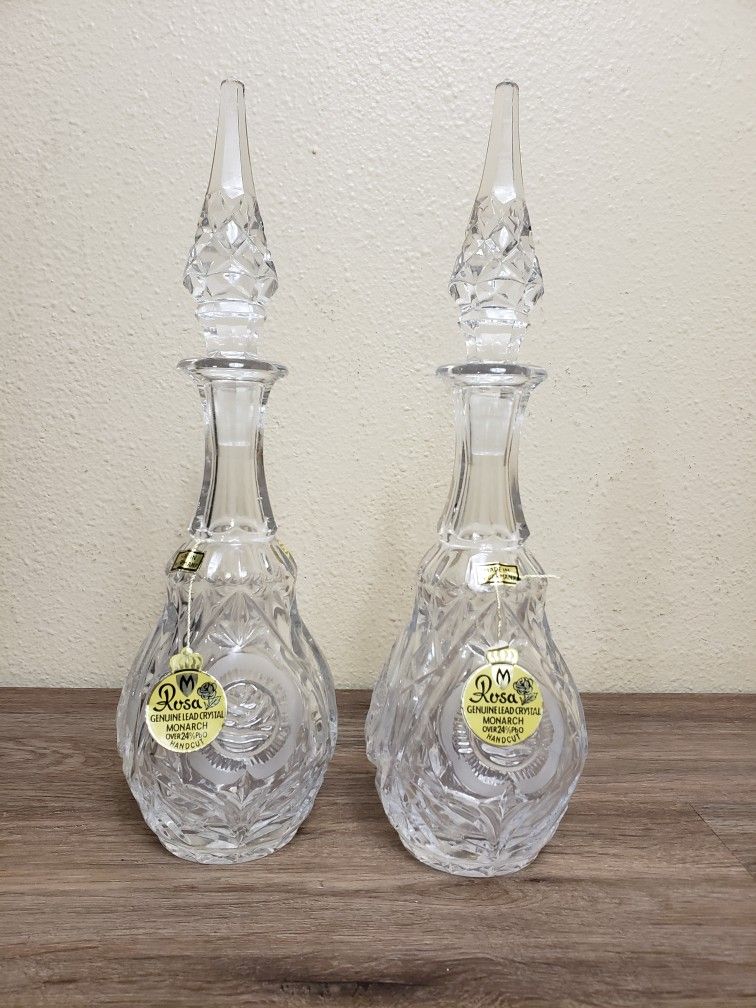Set of 2 New Genuine Crystal Hand Cut Decanters With Stopper 13" Tall Made in West Germany (BOX15)