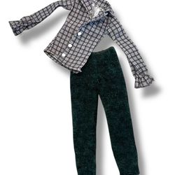 Barbie Dark Emerald Green Velour Pants W/ Black & White Plaid Blouse Ruffle Cuff