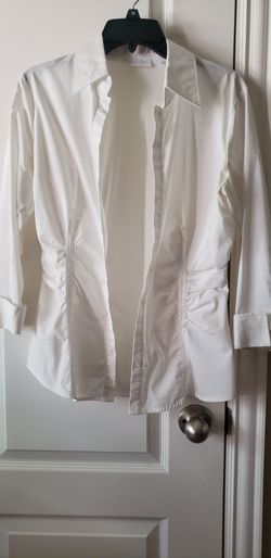 New York & Company white button-down shirt with side ruching details.
