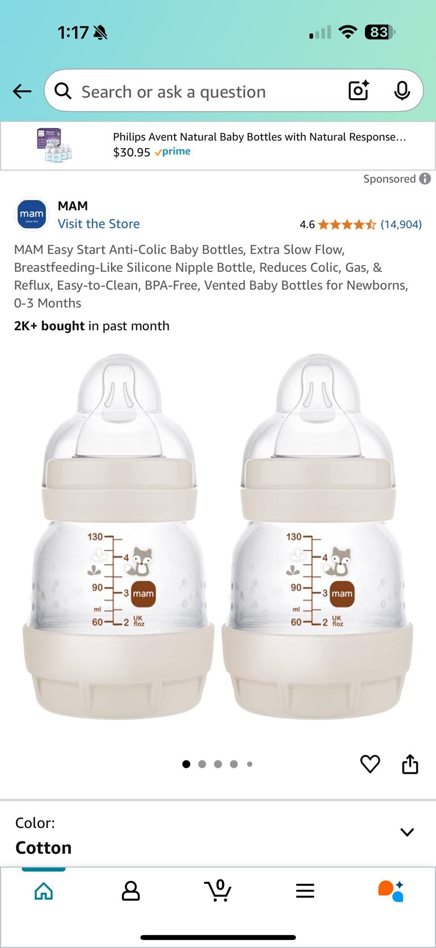 MAM Easy Start Anti-Colic Baby Bottles, Extra Slow Flow, Breastfeeding-Like Silicone Nipple Bottle