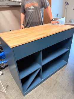 Blue Kitchen Island with Butcher Block Top