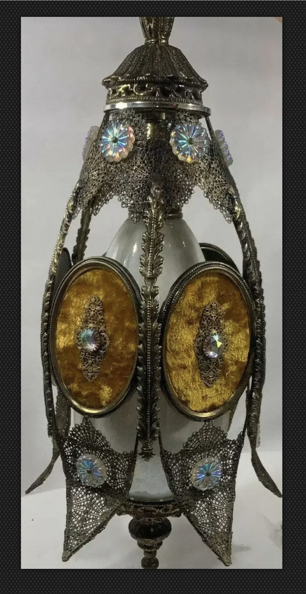 Hollywood Regency Gold Velvet Medallion Pierced Metal Hanging Swag Pendant Lantern Chandelier Vintage