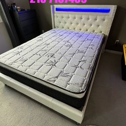 Queen Bed / mattress included  Platform Bed W/ Charging Station & Built-In LED Lights Color withe  New in a box   Queen size con Luz led  / Colchon In