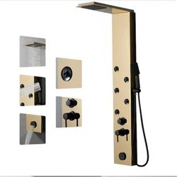 Elegant Sturdy 5-Jet Rainfall Shower Spa Panel System Dual Heads in Black and Gold