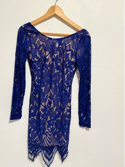 Charlotte Russe Royal Blue Lace Mini Dress Long Sleeve Nude Lining  -Size Small