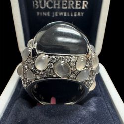 Stunning Bucherer 18K White Gold Designer Ring w/ Moonstone, Diamonds & Quartz 💎✨