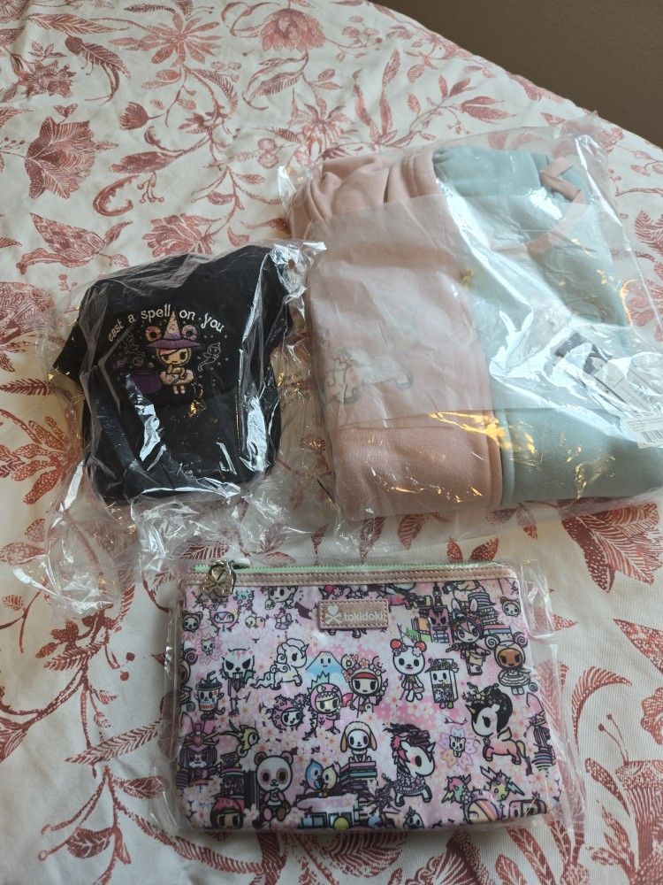 Tokidoki black cap, Kikala x Tokidoki hoodie (pink and blue) in XL and pink pouch