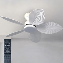 White Tropical Ceiling Fan with Light, 38-inch Flush Mount Palm Leaf Ceiling Fan , Indoors and Outdoors, Remote, 6-Speed, Dimmable, Reversible.