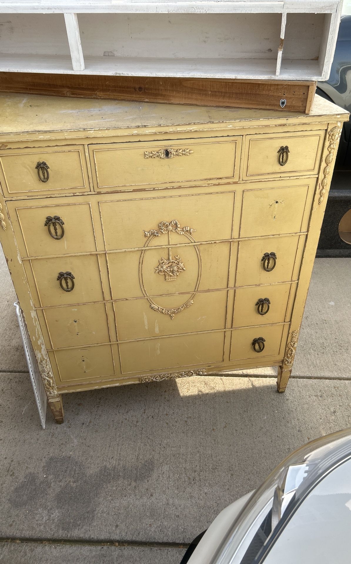 Antique Tall Boy Full Size Rattan Headboard Footboard