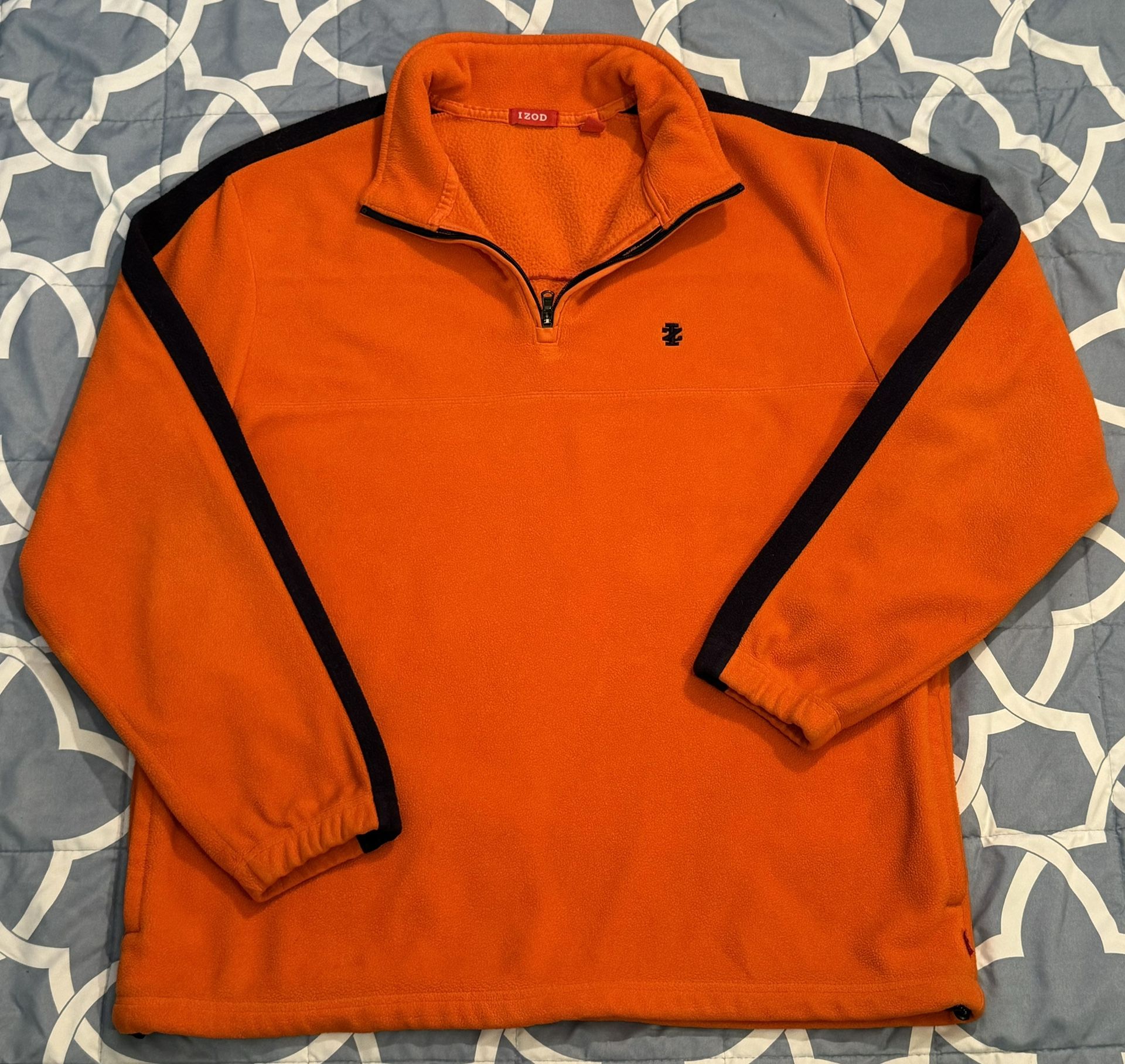 90's Izod orange fleece quarter zip hoodie, men's size large with pockets. Very cozy. Excellent condition. #izod #orange #fleece #hoodie #mensjacket #