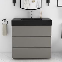 Assembled New 36 Inch Bathroom Vanity with Sink Combo, Modern Free Standing Bathroom Cabinet with Black Ceramic Basin, Large Storage Bathroom Vanity