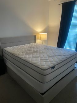 Queen bed frame, mattress, and metal box spring