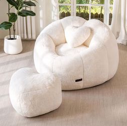 Bean Bag Chair with Ottoman and Pillow, Heart Shaped Floor Sofa Plush Beanbag Sofa with Shredded Filling, Soft Lounge Chair with Heart Footstool, Cozy