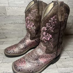 Shyanne Brown/Pink Faux Leather Square Toe Pull On Western Boots Girls 3.0 D