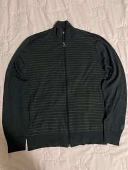 PUMA Men's Size L Full Zip Striped Jacket Mock Neck Black Gray Cardigan Sweater