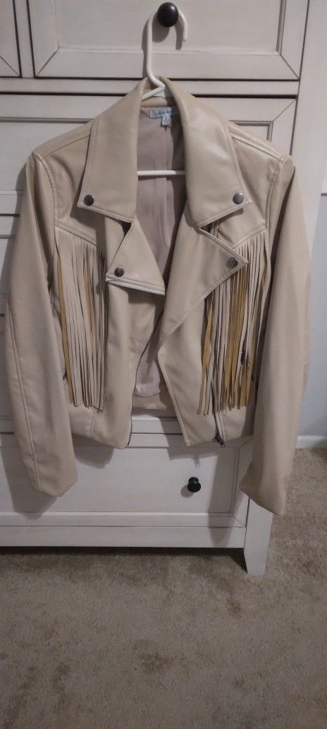 Womens Vegan Leather Jacket With Fringe Detail