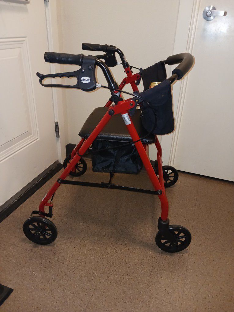 Drive Medical Walker Blackover Red With Dual Can Holder Extra Large Middle Pouch And Under Seat Concealed Storage Folds Easy Indoor Outdoor Use, New!!